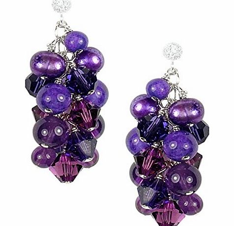 Stardust and Sparkles Hand-Crafted, Sterling Silver Purple Earrings with Freshwater Pearls, Amethyst amp; Swarovski Crystals - 3.5cm Long - Gift Boxed