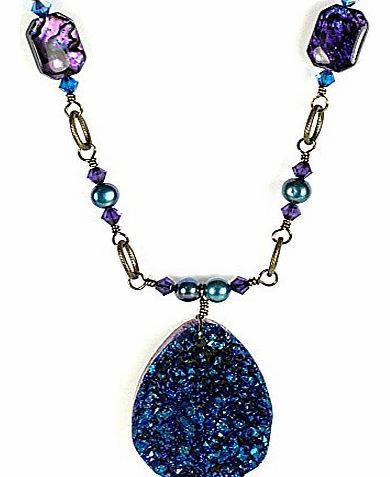 Stardust and Sparkles Handmade Peacock-Blue Druzy Necklace with Amethyst, Lapis Lazuli and Swarovski Crystals - 22.5 Inch Long Necklace - Gift Boxed - Hand crafted in UK (N1)
