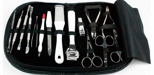 StarliteShoppingMall Manicure Pedicure 15 Piece Stainless Steel Set in a compact Leather Black Case