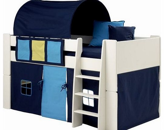 Boys Bunk Bed, Kids White Mid Sleeper Bed, Cabin Bed, with Blue Tent Tunnel & Pocket