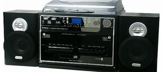 Steepletone SMC386 - BLACK - USB Recordable 5-in-1 Music System, with 3 Speed Turntable (MP3 USB Turntable), CD Player, MW-FM Radio, Twin Cassette Player And Recorder