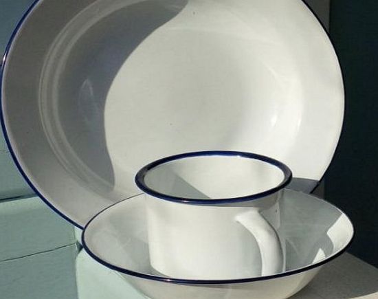 Steiner Sports white enamel mug, plate and bowl camping set