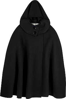 Black cashmere, wool and silk blend cape with a detachable hood at the back.