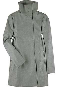 Light gray wool and cashmere blend swing coat with a funnel neck.