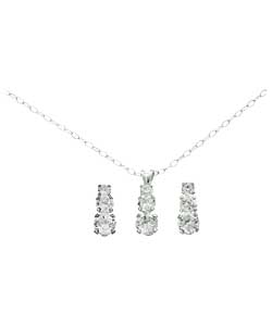 Sterling Silver 3 Stone Drop Pendant and Earring