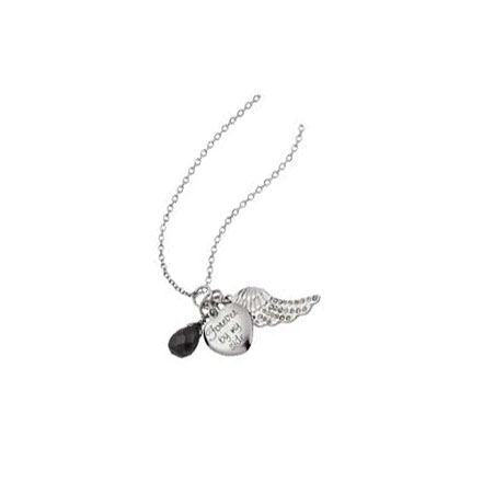 Silver Angel Wing and Black Glass Heart Pendant