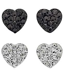 Silver Black and White Crystal Heart Stud Earrings