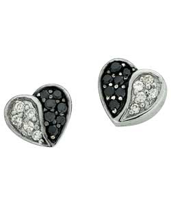 Sterling Silver Black and White Cubic Zirconia Heart Studs