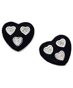 Sterling Silver Black Enamel Cubic Zirconia Heart Earrings