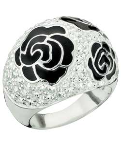Sterling Silver Black Enamel Flower and Cubic Zirconia Ring