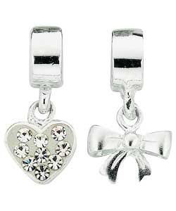 sterling Silver Bow and Crystal Heart Charms