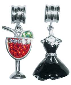 Sterling Silver Cocktail Glass and Black Enamel Dress Charms
