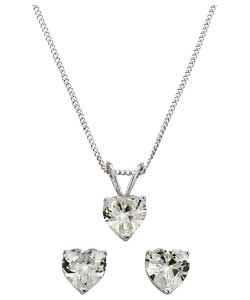 Sterling Silver Cubic Zirconia Heart Pendant and Earring Set