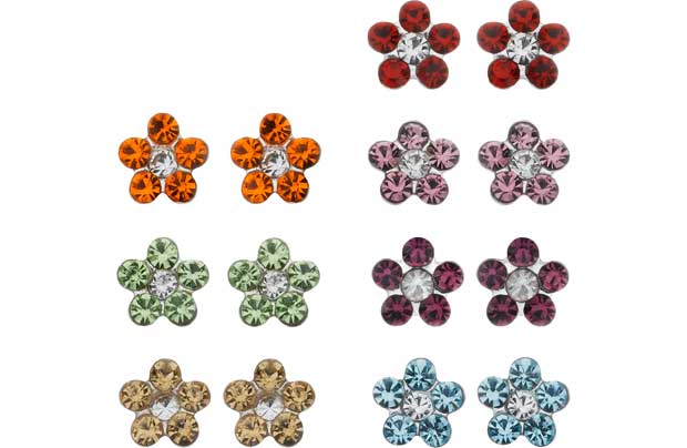 Sterling Silver CZ Flower Stud Earrings - Set of 7