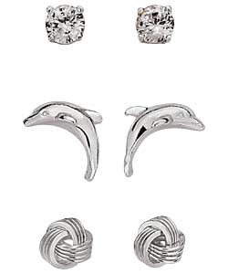 Sterling Silver Dolphin Cubic Zirconia Knot Stud