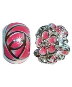 Sterling Silver Enamel Charms - Pink Flower and Spacer