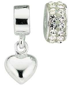 sterling Silver Heart Drop Crystal Round Charms