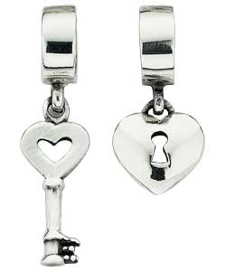 sterling Silver Key Charm and Crystal Heart Lock Charm