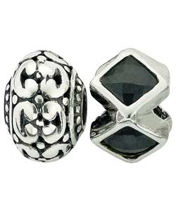 sterling Silver Leaf and Black Crystal Round Charms