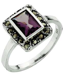 Sterling Silver Marcasite Emerald Cut Amethyst