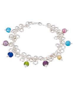 Sterling Silver Multi Coloured Glass Drop Charm Bracelet