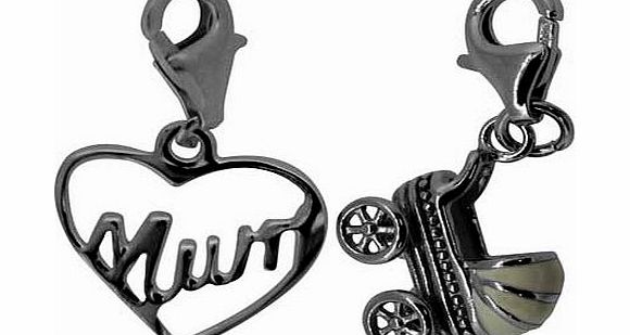 Sterling Silver Mum and Buggy Clip-On Charms -