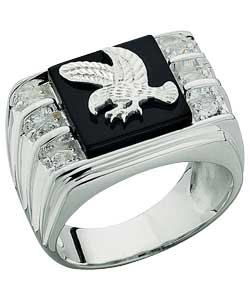 Silver Onyx and Cubic Zirconia Eagle Ring