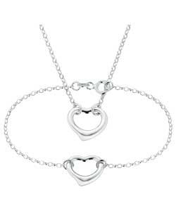 Silver Open Heart Belcher Chain and Bracelet Set