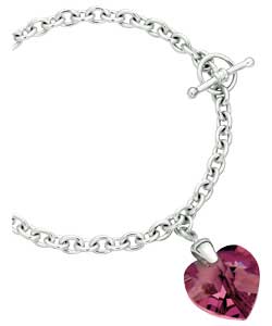 sterling Silver Pink Crystal Heart T-Bar Bracelet