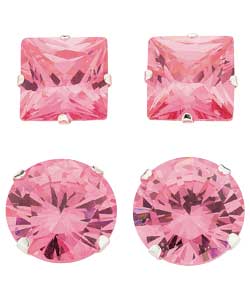 Sterling Silver Pink Cubic Zirconia Earrings - 2 Pairs