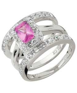 Sterling Silver Pink Cubic Zirconia Emerald Cut Ring Set