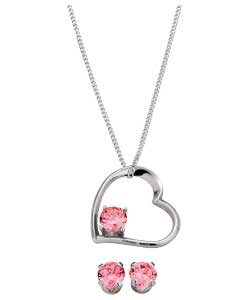 Sterling Silver Pink Cubic Zirconia Pendant and Earrings Set