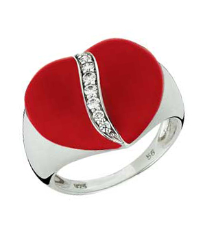 Sterling Silver Red Enamel Heart Cubic Zirconia Ring