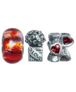 Sterling Silver Red Glass, Love Flowers and Heart Charms