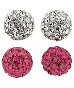 sterling Silver Set of 2 Pink and White Glitterball Studs