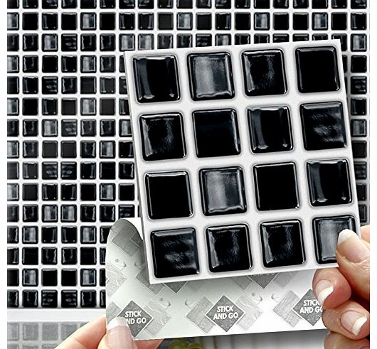 BLACK MOSAIC EFFECT WALL TILES: Box of 18 tiles Stick and Go Wall Tiles 4``x 4`` (10cm x 10cm) Each box of tiles will cover an area of 2 SQR. FT. NO CEMENTING NO GROUTING NO MESS! TILE OVER ANY SIZE OF 