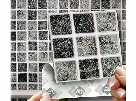 GRANITE MOSAIC EFFECT WALL TILES: Box of 18 tiles Stick and Go Wall Tiles 4``x 4`` (10cm x 10cm) Each box of tiles will cover an area of 2 SQR. FT. NO CEMENTING NO GROUTING NO MESS! TILE OVER ANY SIZE O
