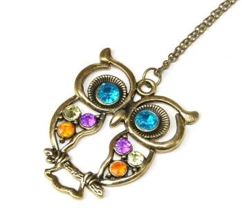 Blue Eyed Bronze Tone Owl Pendant Long Chain Necklace Vintage Style Lilac, Lemon & Pink Stones