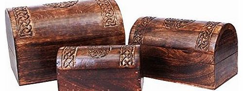 Christmas Gifts Antique Like Set Of 3 Hand Carved Wooden Decorative Trinket Jewellery Box with Celtic Carvings on Lid