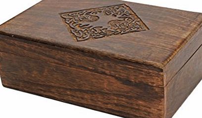 Store Indya Country Style Hand Carved Wooden Decorative Jewellery Box with Celtic Details On Lid