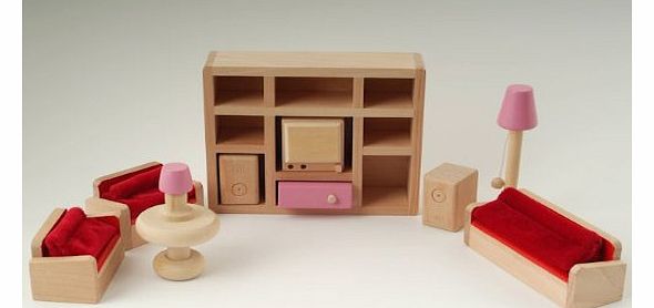 Wooden Dolls House Furniture Set - PINK Living Room
