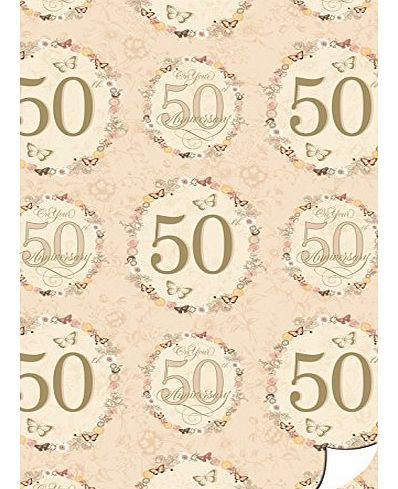 2 Sheets Golden 50th Wedding Anniversary Wrapping Paper & 1 Matching Gift Tag