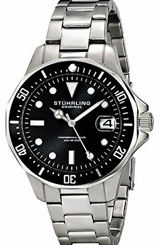 Stuhrling Original Regatta Aquadiver Mens Quartz Watch with Black Dial Analogue Display and Silver Stainless Steel Bracelet 664.01