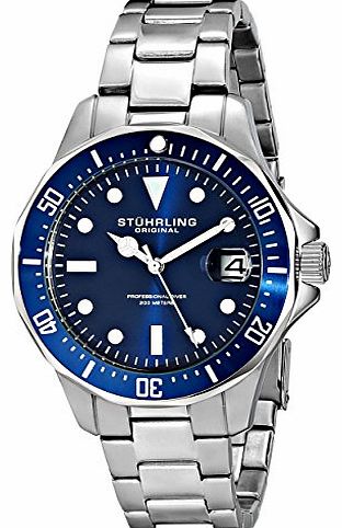 Stuhrling Original Regatta Aquadiver Mens Quartz Watch with Blue Dial Analogue Display and Silver Stainless Steel Bracelet 664.02