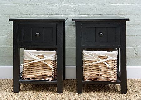 Sue Ryder Pair of Shabby Chic Black Bedside Units with Wicker Storage