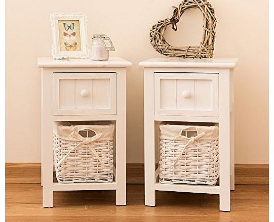 Sue Ryder Pair of Shabby Chic White Bedside Units with Wicker Storage