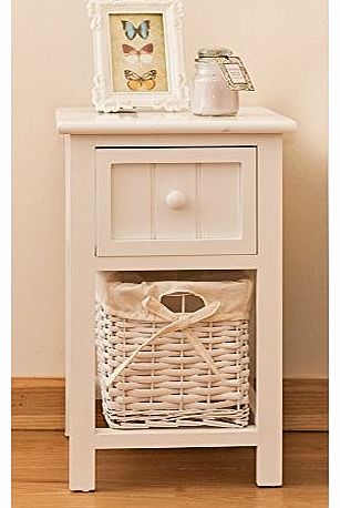 Shabby Chic White Bedside Unit with Wicker Storage
