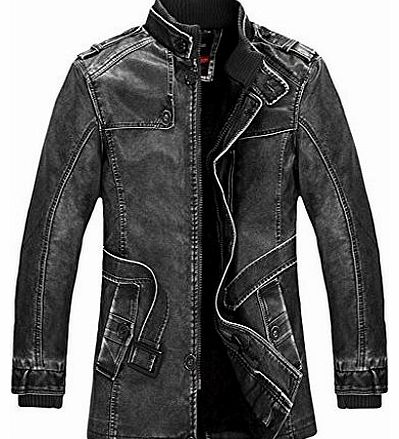 sulandy Mens coat collar motorcycles leather jacket trench coat velvet windbreaker