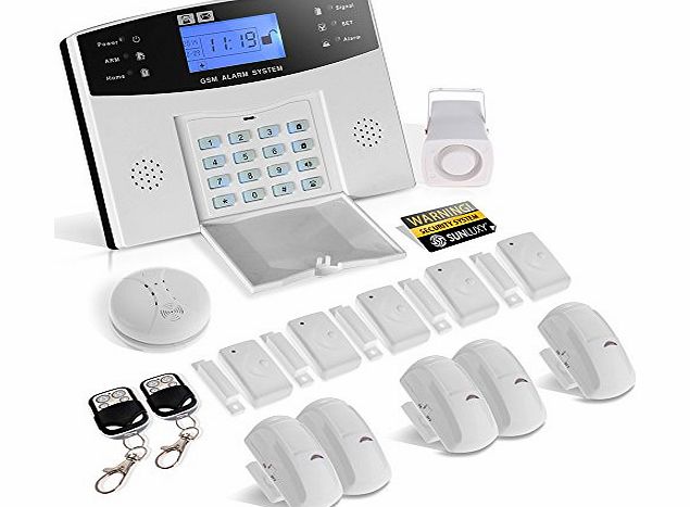 SUNLUXY LCD Screen Wireless GSM Auto Dial SMS Burglar Intruder Smoke Detector Alarm Kit Home Office Security System
