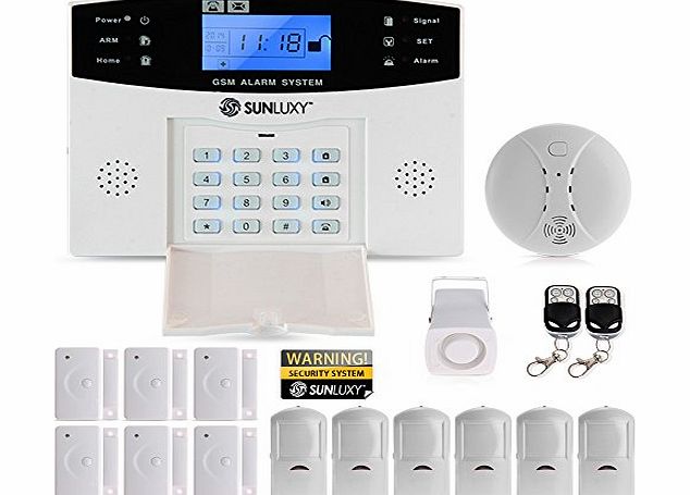 SUNLUXY Professional LCD Screen Wireless GSM SMS Burglar Intruder Smoke Detector Door Sensor Remote Control Alarm Home Office Security System Kit with Auto Dial